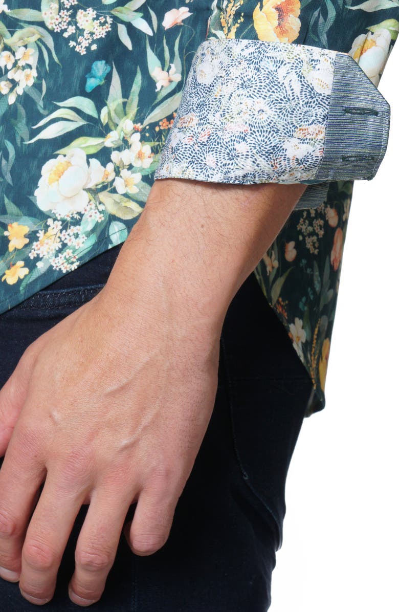 Robert Graham Floral Green Print Cotton Button-Up Shirt, Alternate, color, 