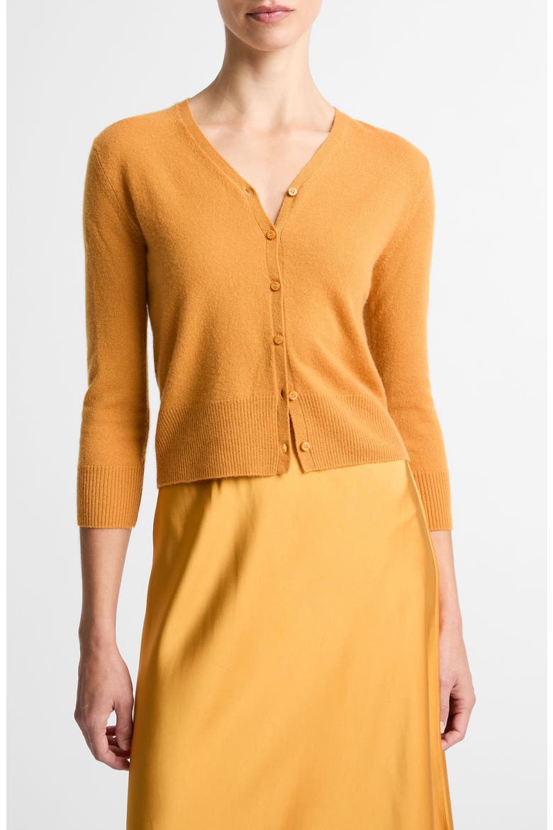 Elbow Sleeve V-Neck Cashmere & Silk Cardigan, Main, color, CLEMENTINE