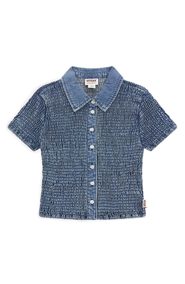 GUESS Smocked Short Sleeve Denim Button-Up Shirt, Alternate, color, 
