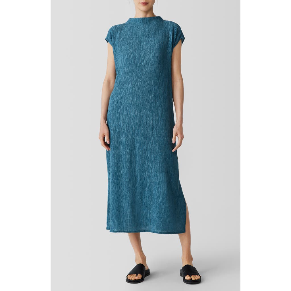 Eileen Fisher Textured Mock Neck Midi Dress In Blue