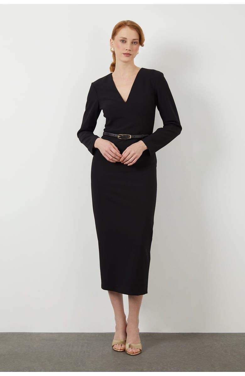 Gizia Belted V-Neck Midi Pencil Dress, Main, color, Black