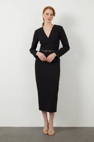 Gizia Belted V-Neck Midi Pencil Dress