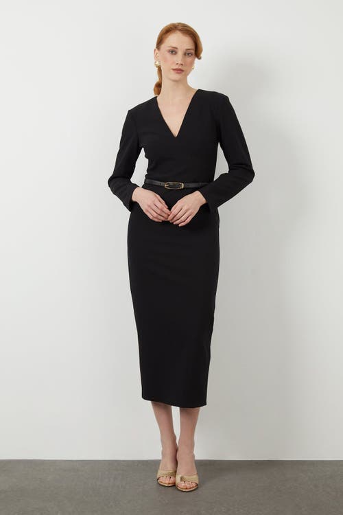 Gizia Belted V-neck Midi Pencil Dress In Black