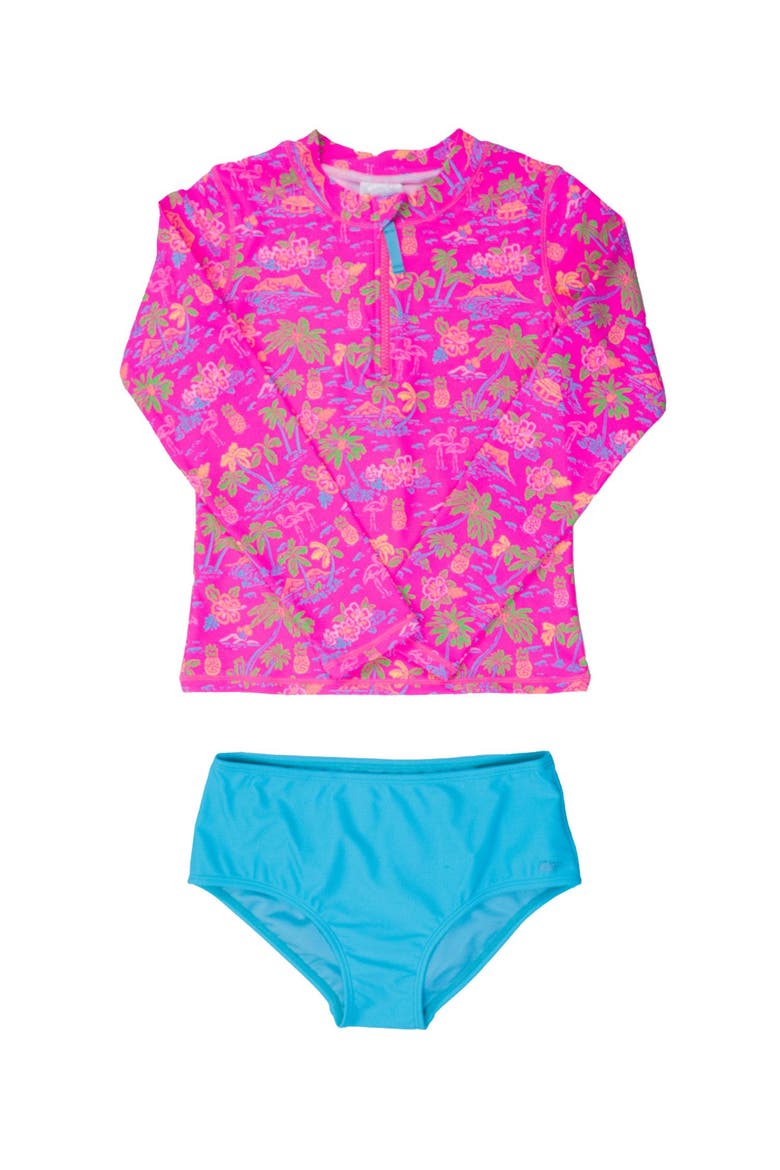 Long Sleeve Zipper Rash Guard 2-piece Bikini Swimsuit, Main, color, Neon Island Time