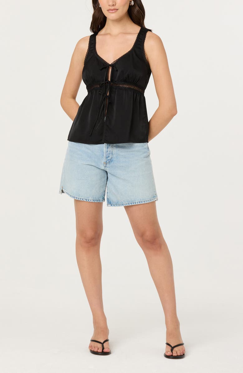 ASTR the Label Tie Front Lace Trim Satin Tank Top, Alternate, color, Black