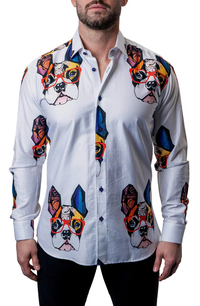 Maceoo Fibonacci Frenchie Frame White Contemporary Fit Button-Up Shirt, Alternate, color,