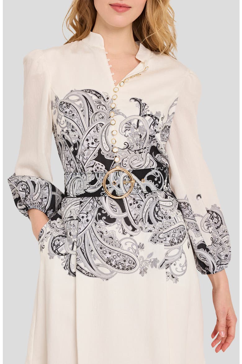 Belted Border Print Long Sleeve Dress, Alternate, color, IVORY BLACK