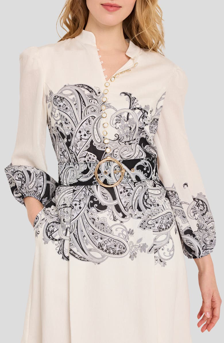 Tahari ASL Belted Border Print Long Sleeve Dress, Alternate, color, Ivory Black