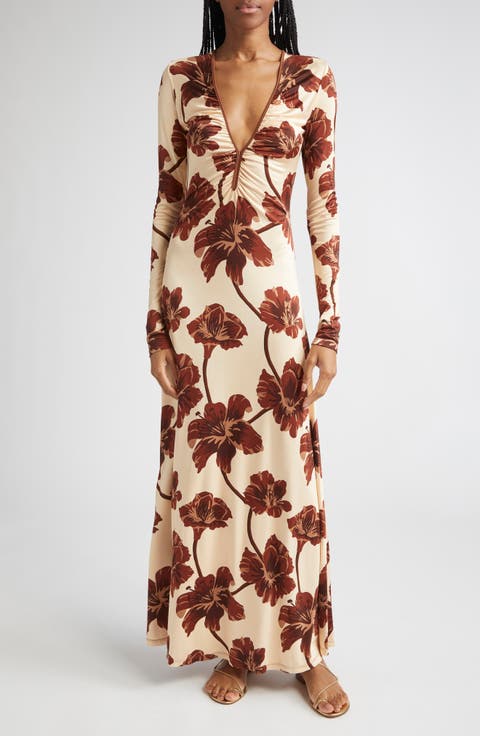 Alma Bordada Floral Print Long Sleeve Jersey Dress