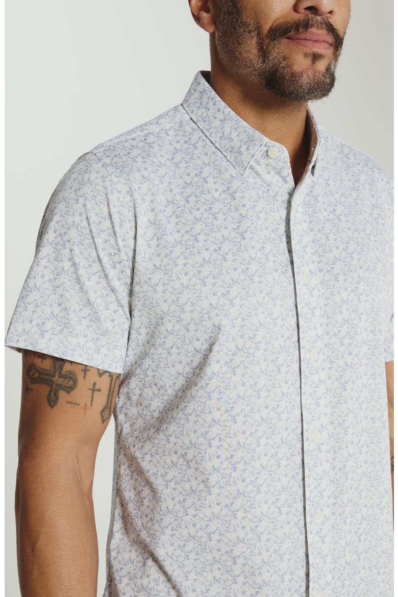 The Wes Abstract Leaf Print Short Sleeve Stretch Button-Up Shirt, Alternate, color, BLUE