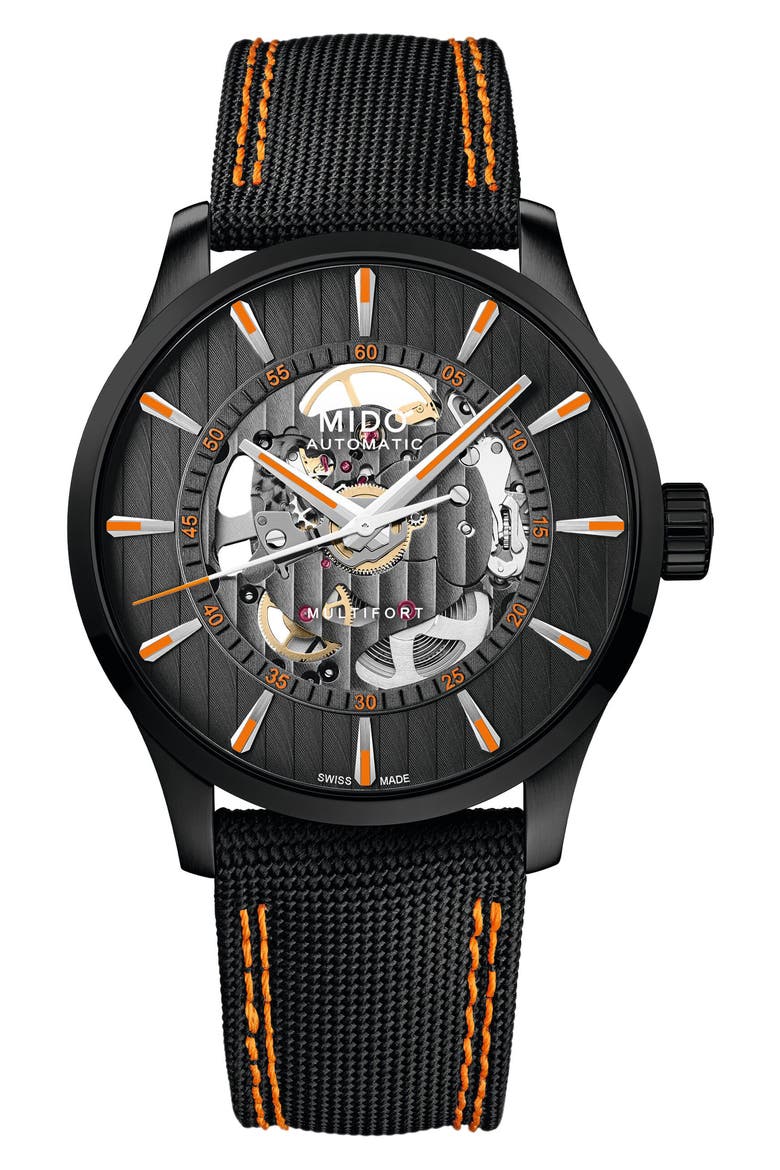 Multifort Skeleton Vertigo Automatic Webbing Strap Watch, 42mm, Main, color, BLACK