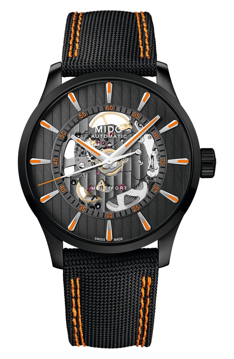 MIDO Multifort Skeleton Vertigo Automatic Webbing Strap Watch, 42mm, Main, color, Black