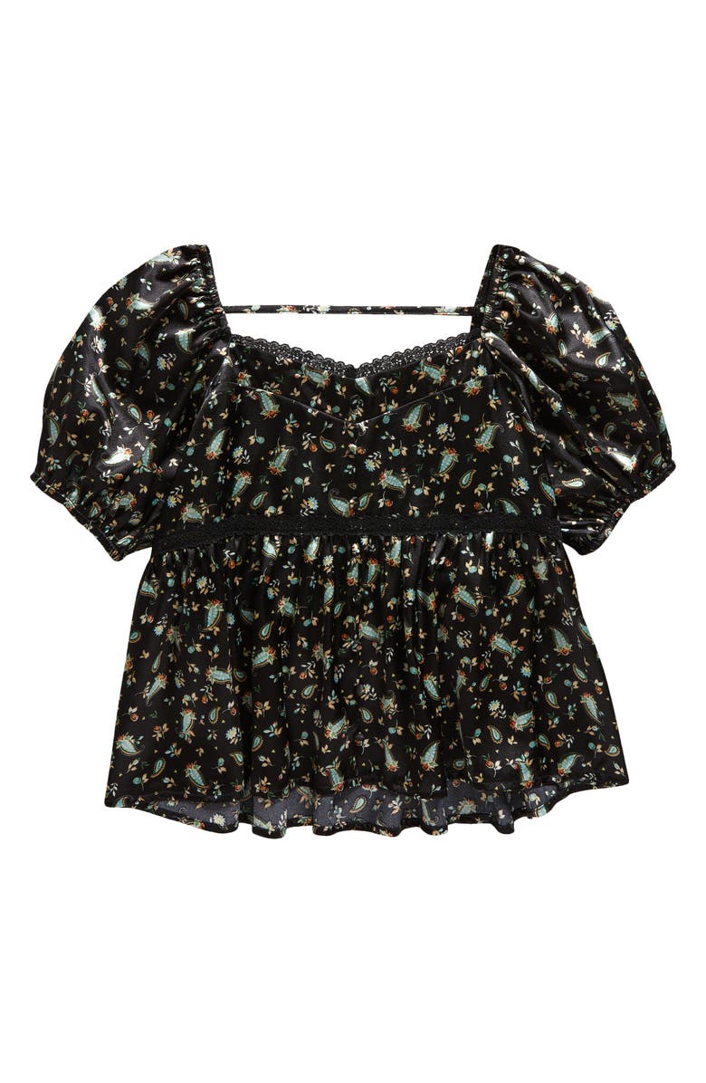 Love, Fire Kids' Floaty Floral Paisley Cutout Lace Trim Top, Main, color, Black Floral