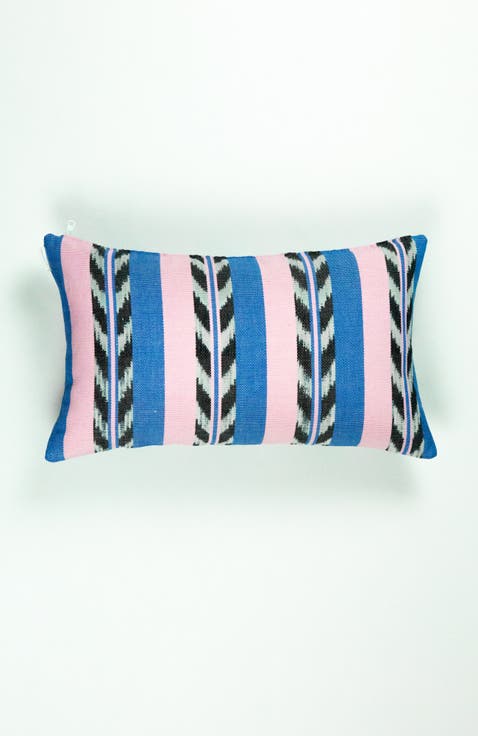 Palm Ikat Striped Pink and Blue Handwoven Cotton Rectangle Pillow