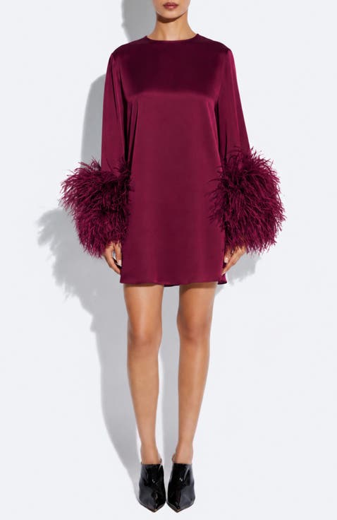 Satin Shift Dress With Feathers