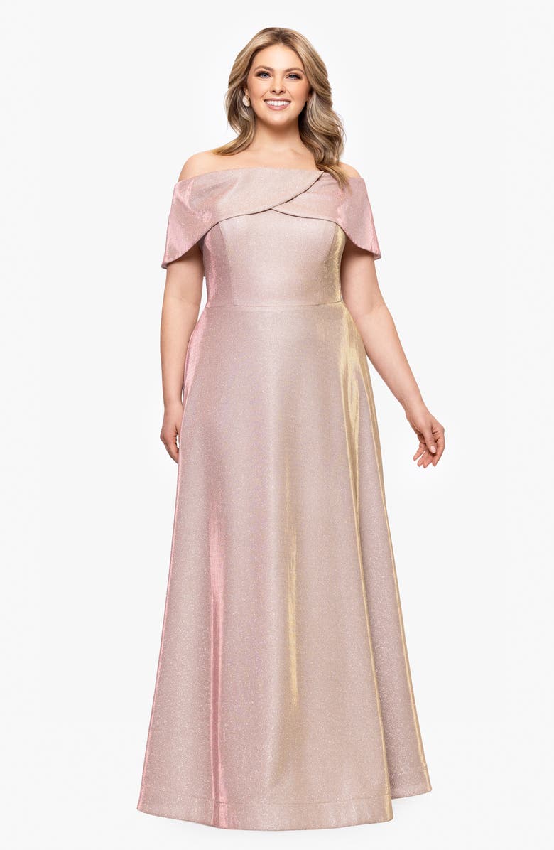 Betsy & Adam Galaxy Metallic Off the Shoulder Gown, Alternate, color, White/ Pink/ Gold