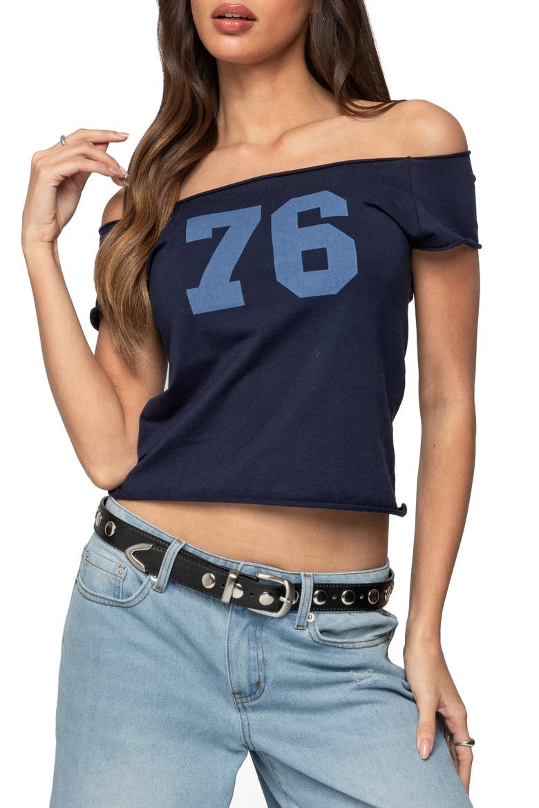 76 Off the Shoulder Cotton Graphic T-Shirt, Main, color, NAVY