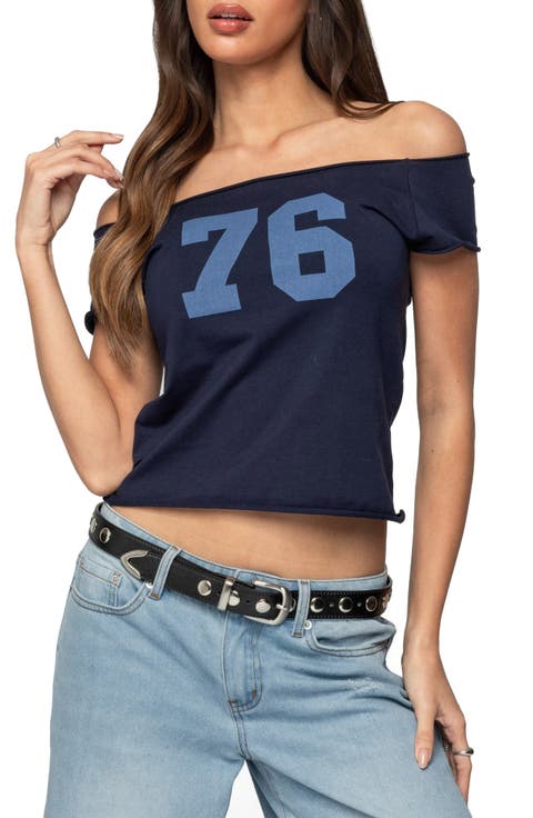 76 Off the Shoulder Cotton Graphic T-Shirt