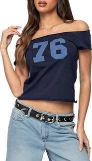 EDIKTED 76 Off the Shoulder Cotton Graphic T-Shirt
