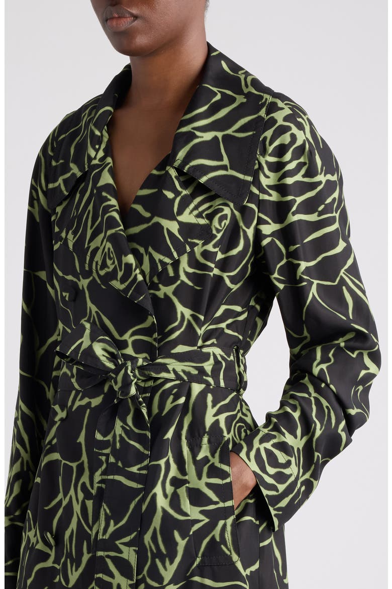 Rolana Giant Couture Rose Print Belted Crepe Trench Coat, Alternate, color, BLACK