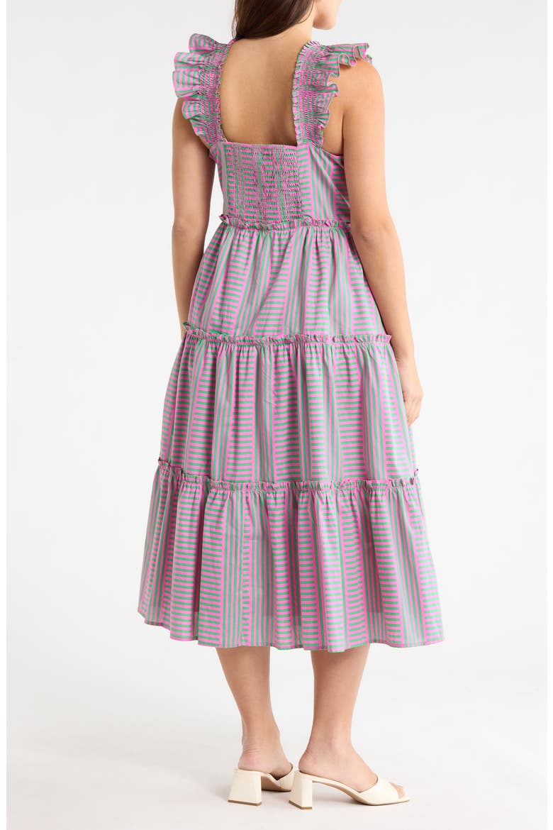 Valda Stripe Ruffle Tiered Midi Dress, Alternate, color, PINK-GREEN-MULTI