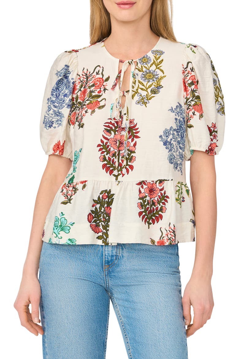 Floral Tie Keyhole Puff Sleeve Peplum Top, Main, color, MAYFLY