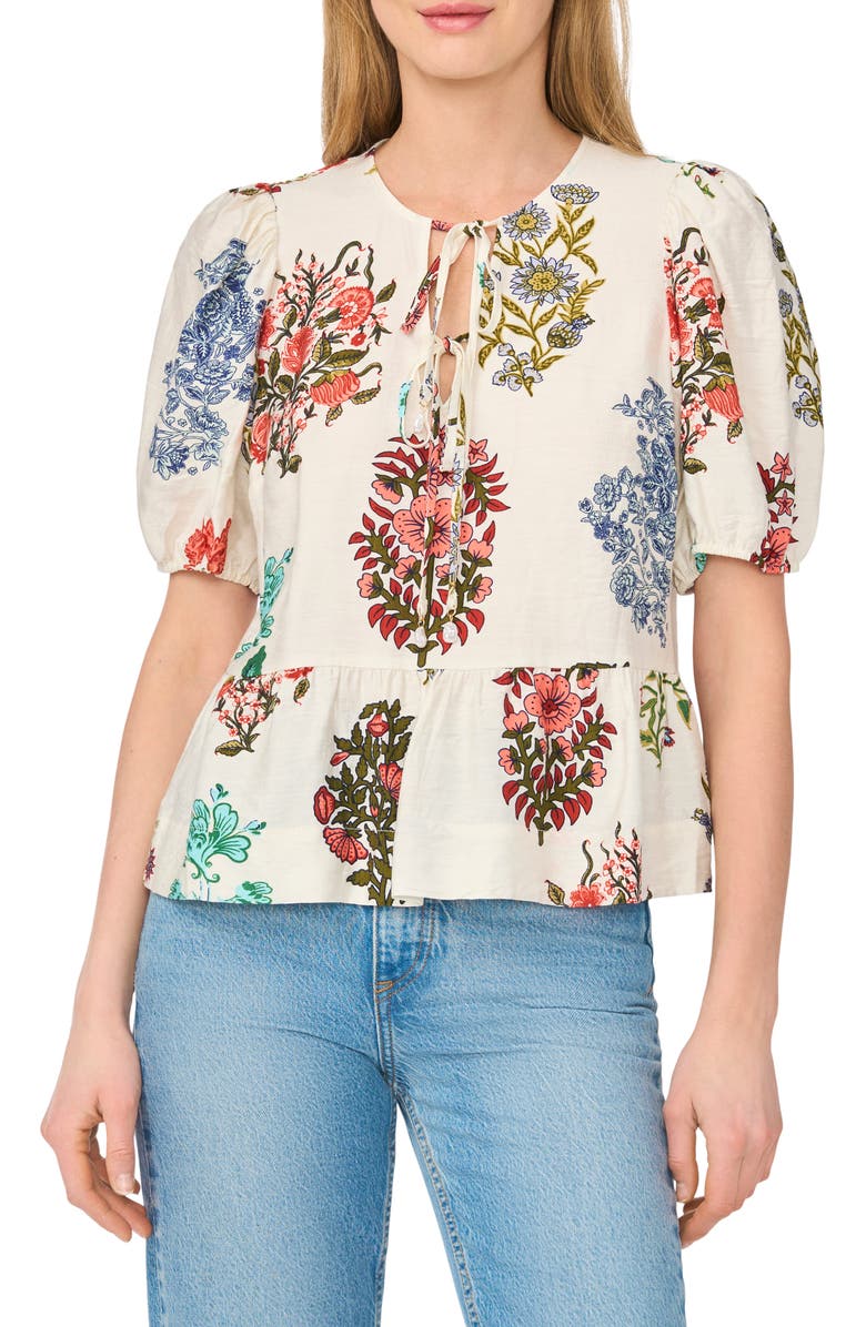 CeCe Floral Tie Keyhole Puff Sleeve Peplum Top, Main, color, Mayfly