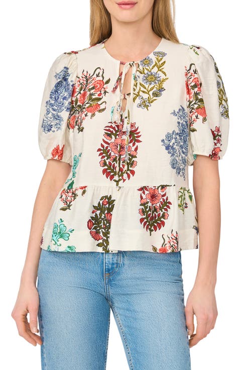 Floral Tie Keyhole Puff Sleeve Peplum Top