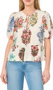 CeCe Floral Tie Keyhole Puff Sleeve Peplum Top