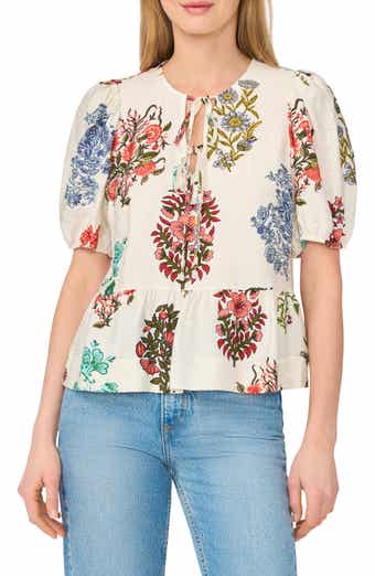 CeCe Floral Tie Keyhole Puff Sleeve Peplum Top