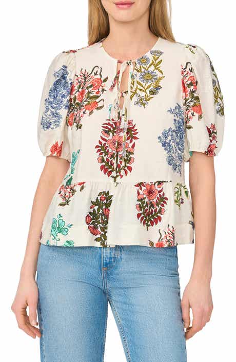 CeCe Floral Tie Keyhole Puff Sleeve Peplum Top