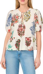 CeCe Floral Tie Keyhole Puff Sleeve Peplum Top