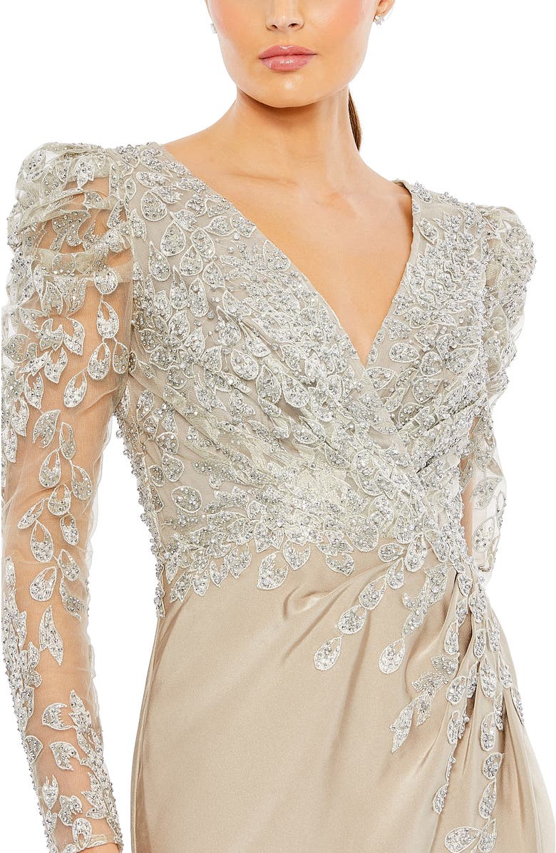 Mac Duggal Embellished Faux Wrap Illusion Puff Sleeve Gown, Alternate, color, Taupe