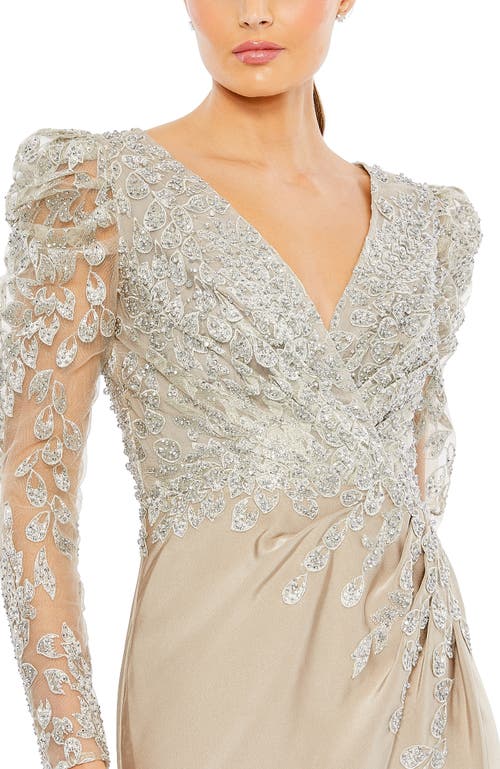 Mac Duggal Embellished Faux Wrap Illusion Puff Sleeve Gown In Taupe