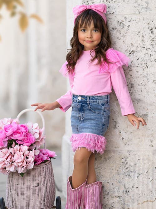 Mia Belle Girls Girls Pink Ruffle Top And Feather Trim Denim Skirt Set In Pink