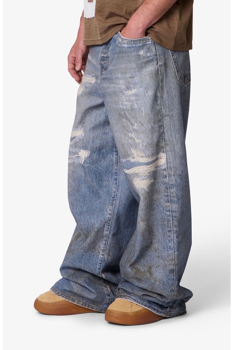 Oil Stain Printed Relaxed Wide Leg Ripped Jeans, Alternate, color, BLUE