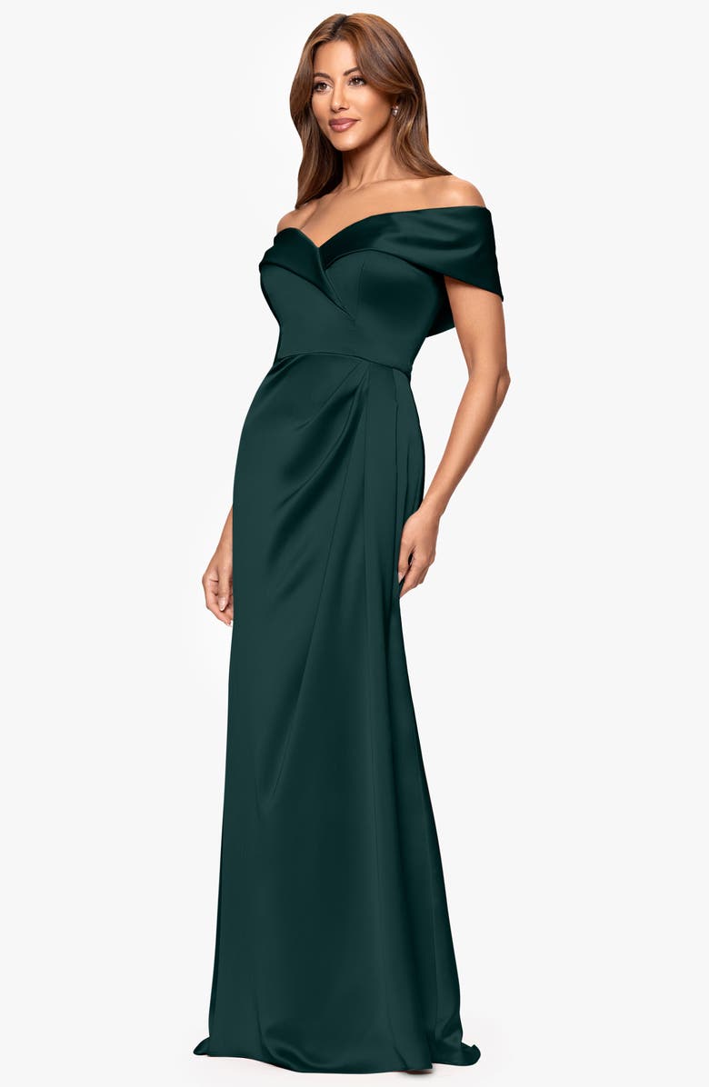Xscape Evenings Off the Shoulder Satin Gown, Alternate, color, Hunter