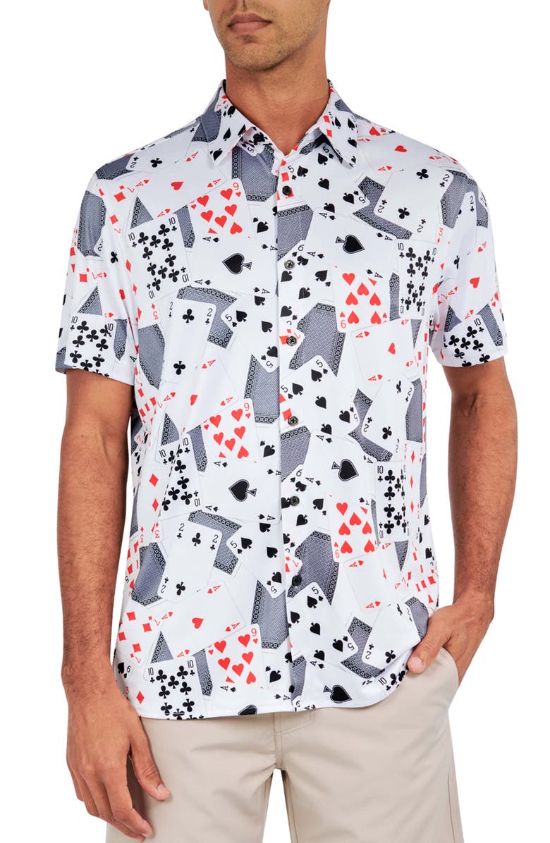 CONSTRUCT Playing Cards Print Performance Button-Down Shirt, Main, color, Multi