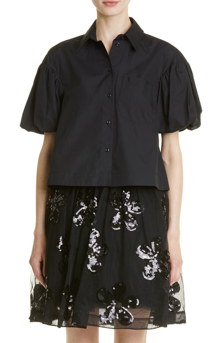 Simone Rocha Puff Sleeve Cotton Crop Button-Up Shirt, Main, color,