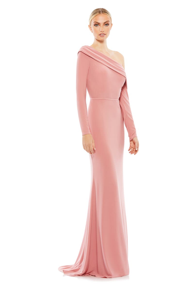 One-Shoulder Jersey Trumpet Gown, Alternate, color, ROSE GOLD