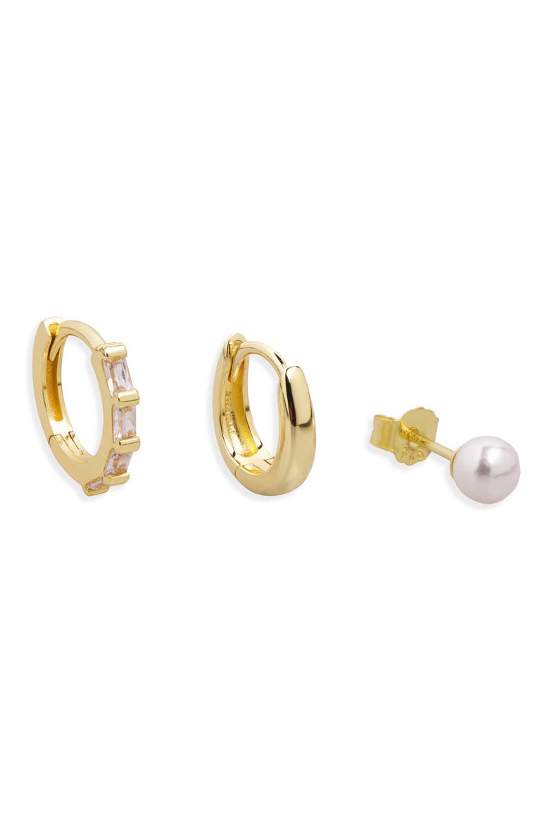 Set of 3 Faux Pearl Stud and Huggie Hoop Earrings, Main, color, GOLD