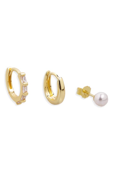 Set of 3 Faux Pearl Stud and Huggie Hoop Earrings