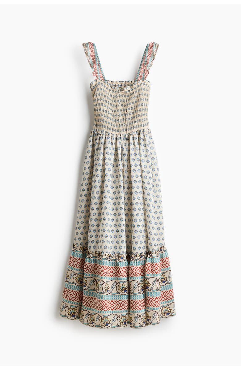H&M Flared-skirt Smocked Dress, Main, color, Light Beige/Patterned