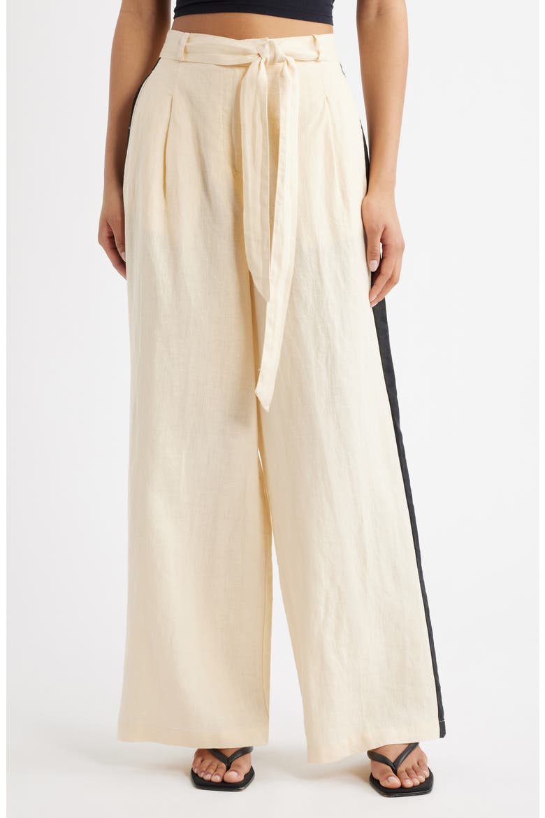 Side Stripe Linen Drawstring Pants, Main, color, ECRU