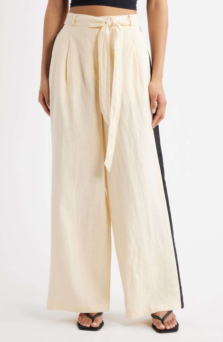 MANGO Side Stripe Linen Drawstring Pants, Main, color, Ecru