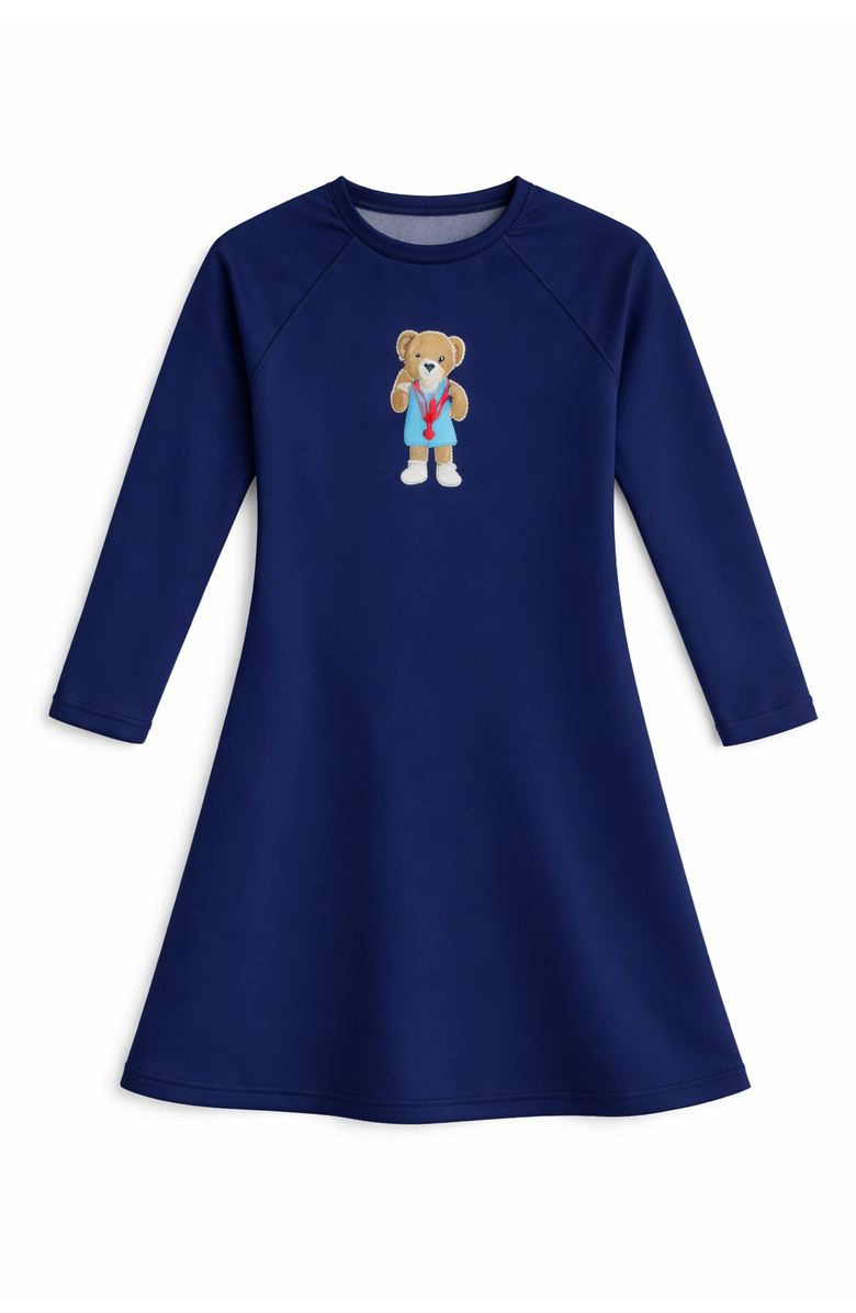 Try Bear Artwork Long Sleeve Spandex Swimsuit Dress, Main, color, Navy Blue