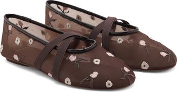 Floral Embroidered Cross Strap Ballerina Flat