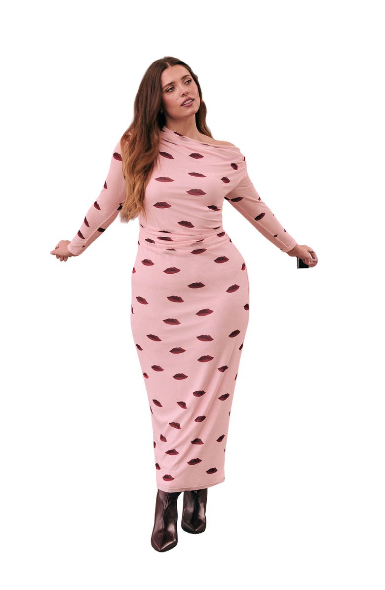 ELOQUII Asym Neck Printed Mesh Dress, Main, color, Rouge Lovers