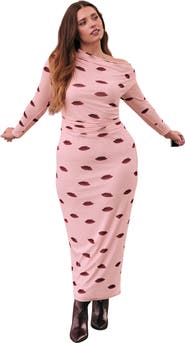ELOQUII Asym Neck Printed Mesh Dress