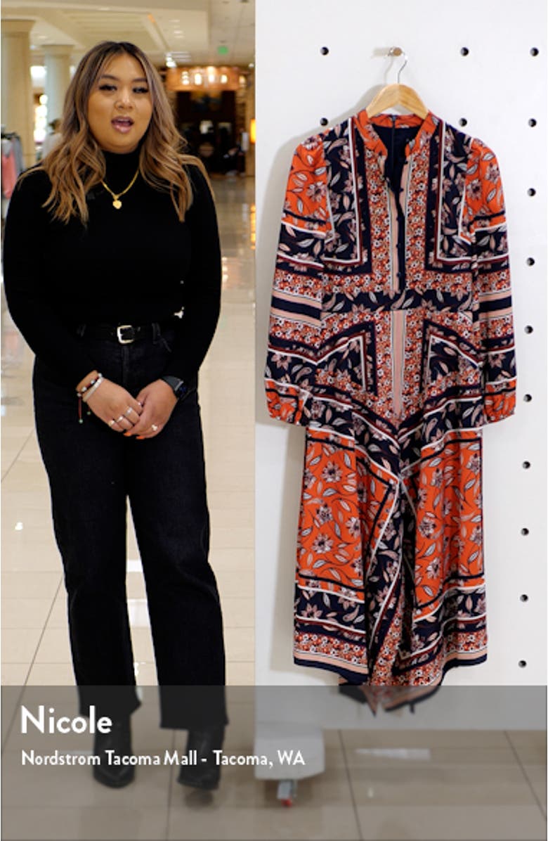 Scarf Print Handkerchief Hem Long Sleeve Shirtdress, sales video thumbnail